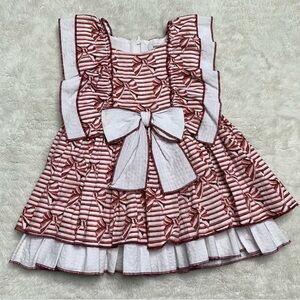 Meraki Girl's Red White Striped Sleeveless Ruffle Dress Ribbon Print Size 24M